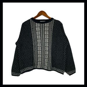 Vintage 80s Cropped Knit Sweater Black White Snowflake Stripe Dot Oversized M